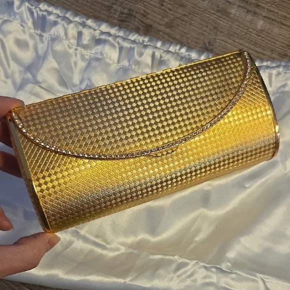 Vintage Mirror Chrystal Gold Elegant Metal Diamond Pattern Clutch Bag
